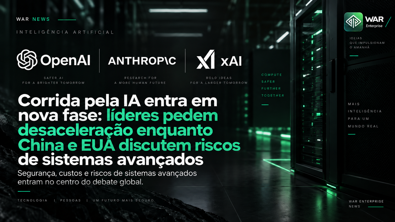 Arte editorial sobre a corrida global por inteligência artificial e o debate sobre segurança entre empresas e governos